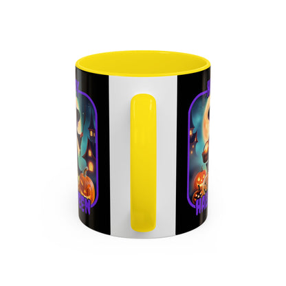 Happy Halloween Little Witch Purple font Black Accent Mug by CreepyCrafts.boo