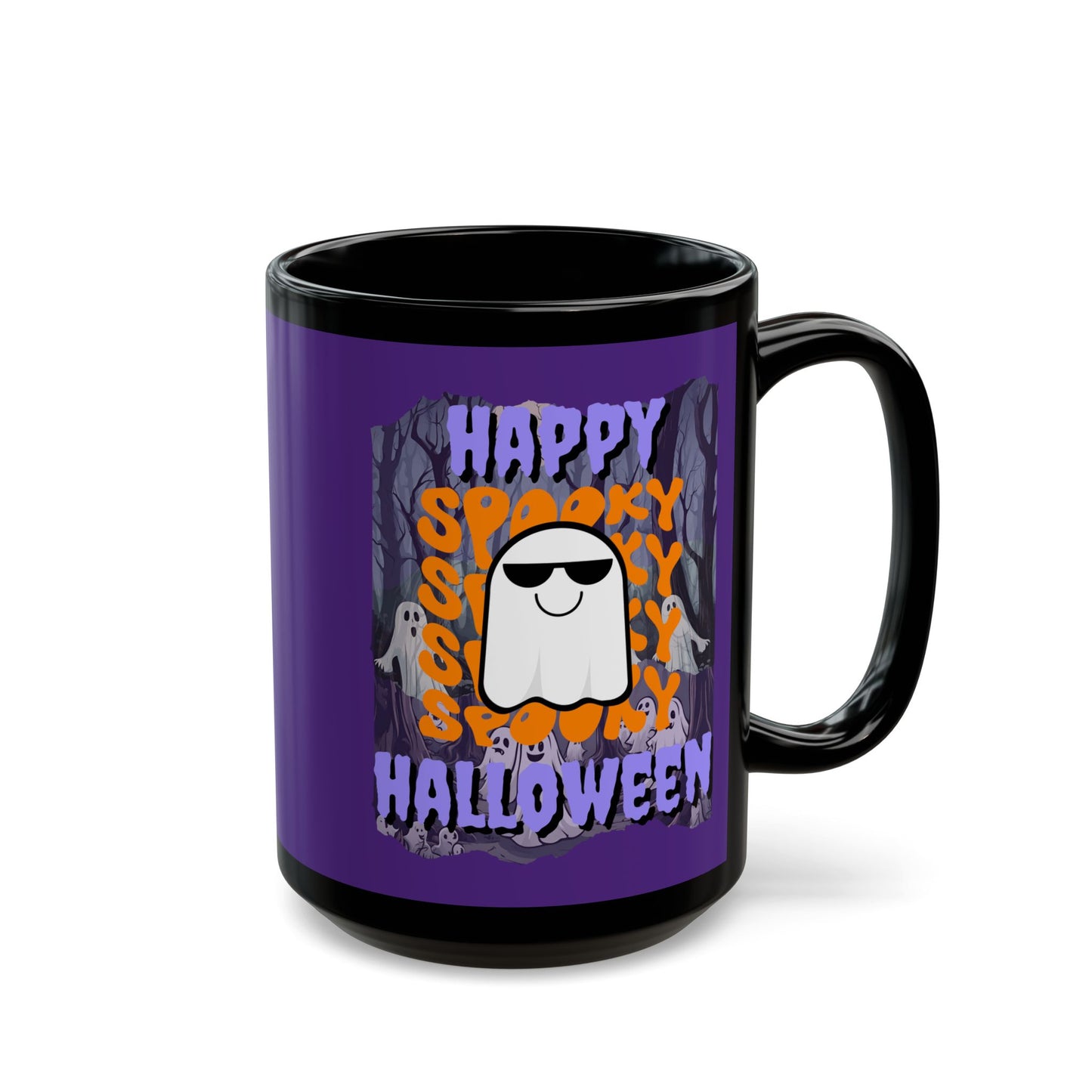 Spooky Happy Halloween Ghost Purple font Purple Mug by CreepyCrafts.boo