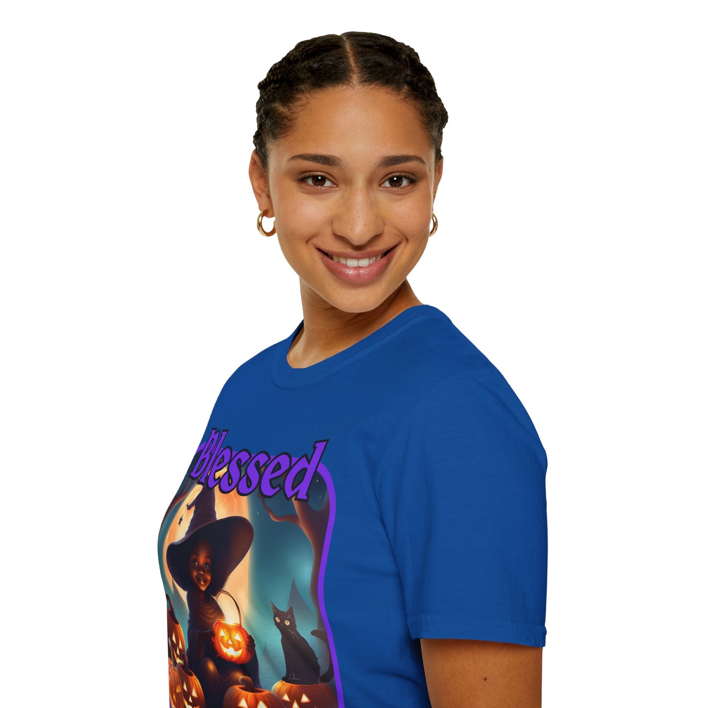 Blessed Samhain Cute Witch Purple font Dark colors Unisex T-Shirt by CreepyCrafts.boo