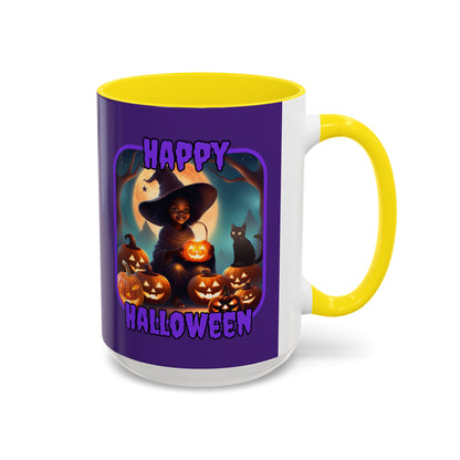 Happy Halloween Cute Witch Purple font Purple Accent Mug by CreepyCrafts.boo