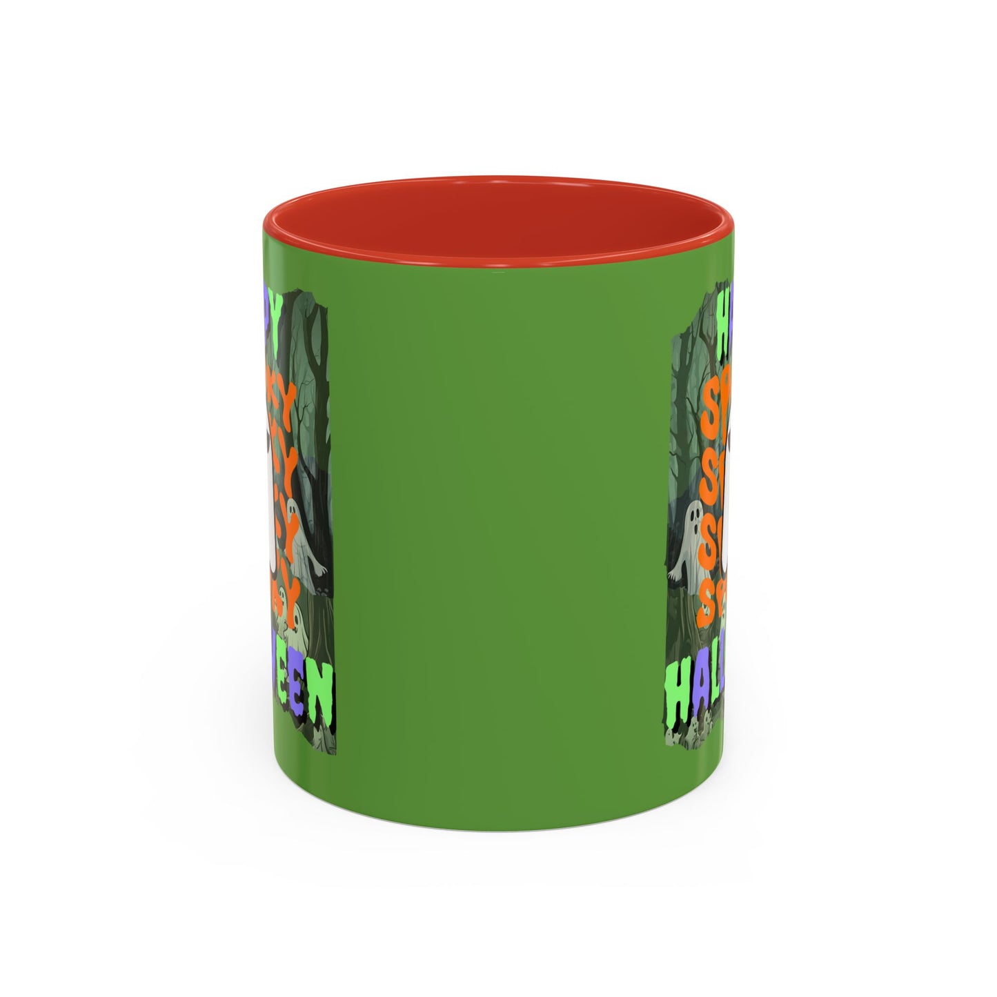 Spooky Happy Halloween Ghost Mixed font Green Accent Mug by CreepyCrafts.boo