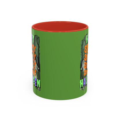 Spooky Happy Halloween Ghost Mixed font Green Accent Mug by CreepyCrafts.boo