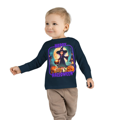 Happy Halloween Little Witch Purple font Toddler Long Sleeve Tee by CreepyCrafts.boo