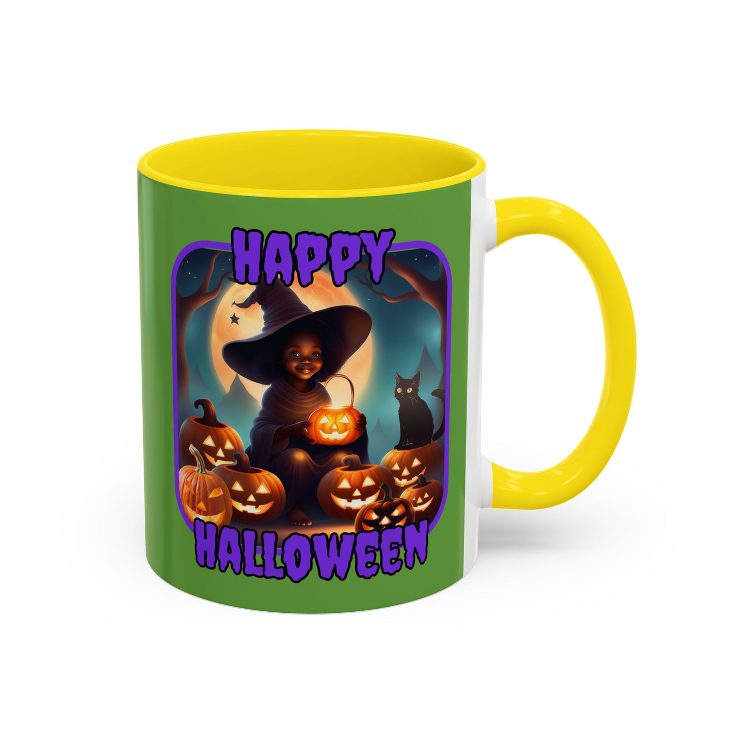 Happy Halloween Cute Witch Purple font Green Accent Mug by CreepyCrafts.boo