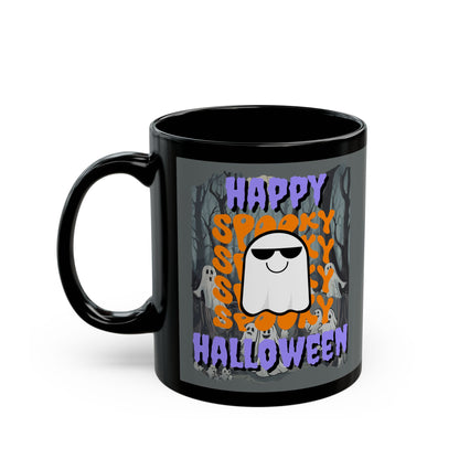 Spooky Happy Halloween Ghost Purple font Grey Mug by CreepyCrafts.boo