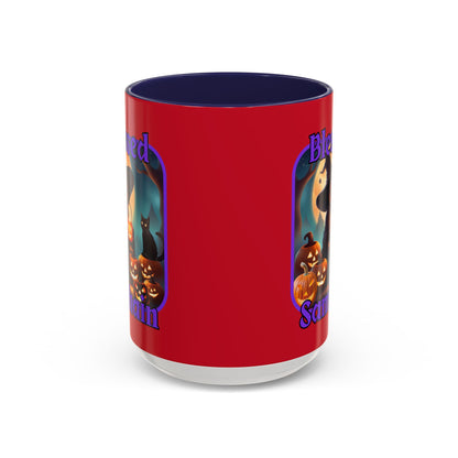 Blessed Samhain Cute Witch Purple font Red Accent Mug by CreepyCrafts.boo