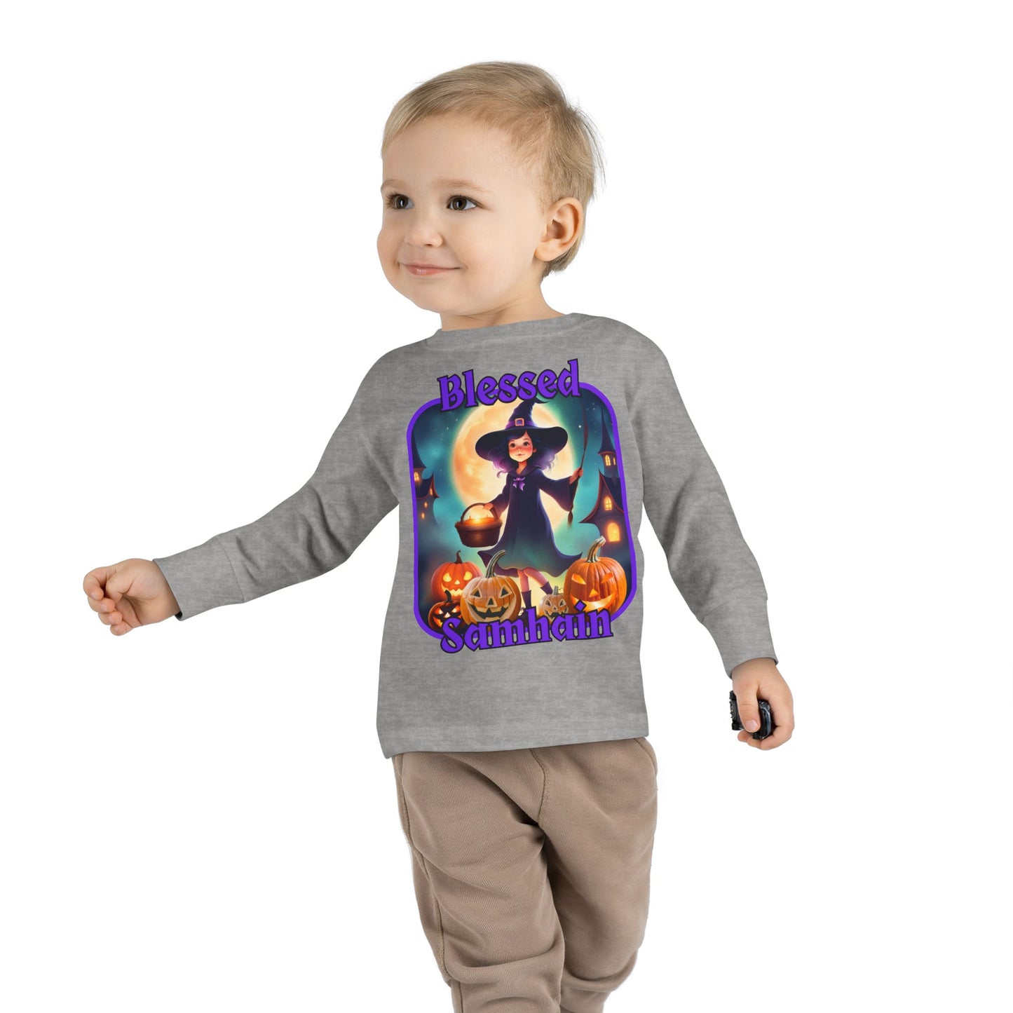 Blessed Samhain Little Witch Purple font Toddler Long Sleeve Tee by CreepyCrafts.boo