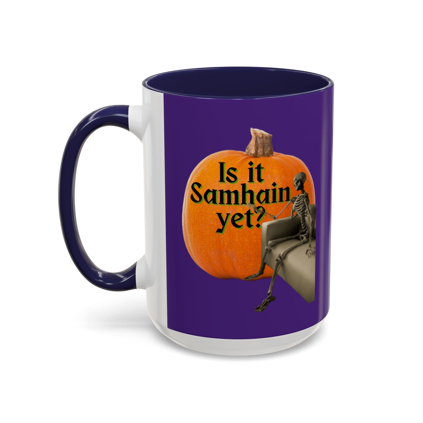 Is It Samhain Yet? Skeleton's Giant Pumpkin Purple Accent Mug by CreepyCrafts.boo
