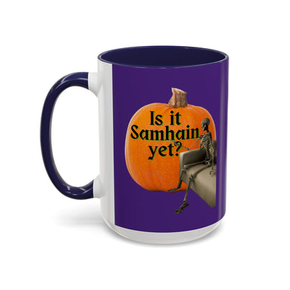 Is It Samhain Yet? Skeleton's Giant Pumpkin Purple Accent Mug by CreepyCrafts.boo