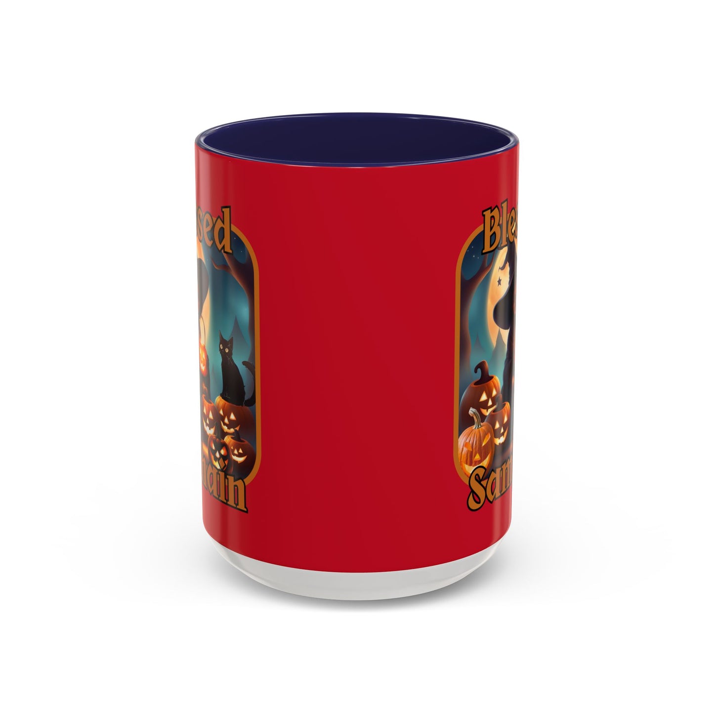 Blessed Samhain Cute Witch Orange font Red Accent Mug by CreepyCrafts.boo