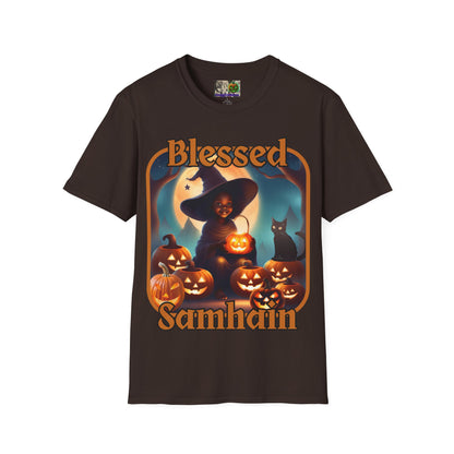 Blessed Samhain Cute Witch Orange font Dark colors Unisex T-Shirt by CreepyCrafts.boo