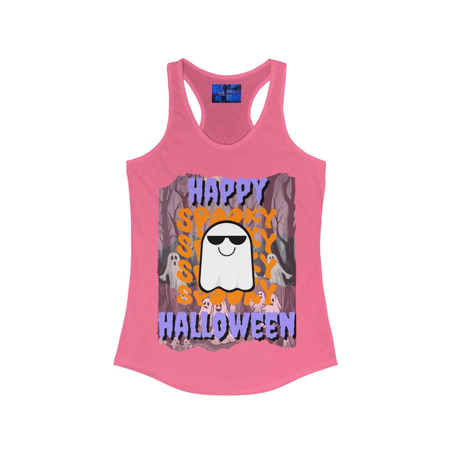 Spooky Happy Halloween Ghost PRfont Women's Racerback Tank Top by cypherpunkgear