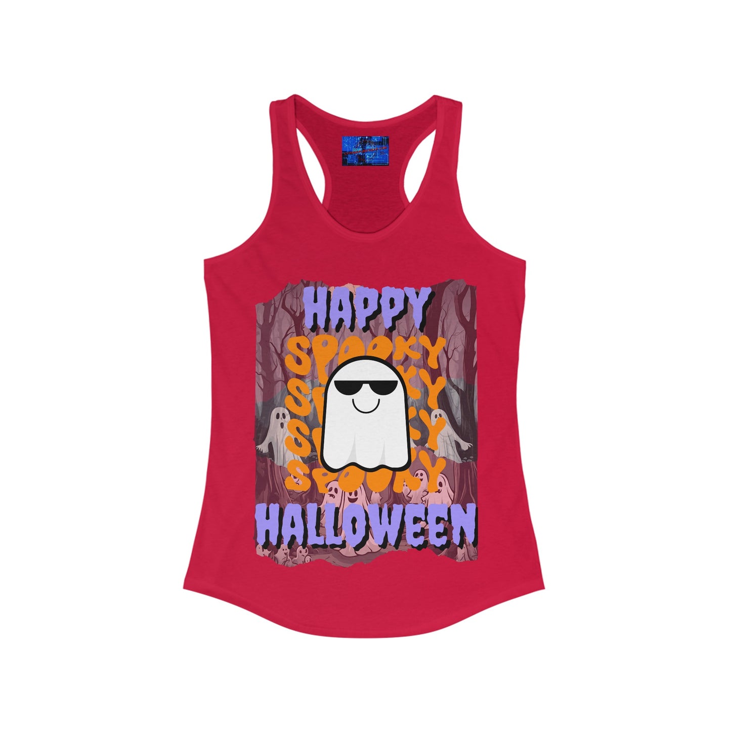 Spooky Happy Halloween Ghost PRfont Women's Racerback Tank Top by cypherpunkgear