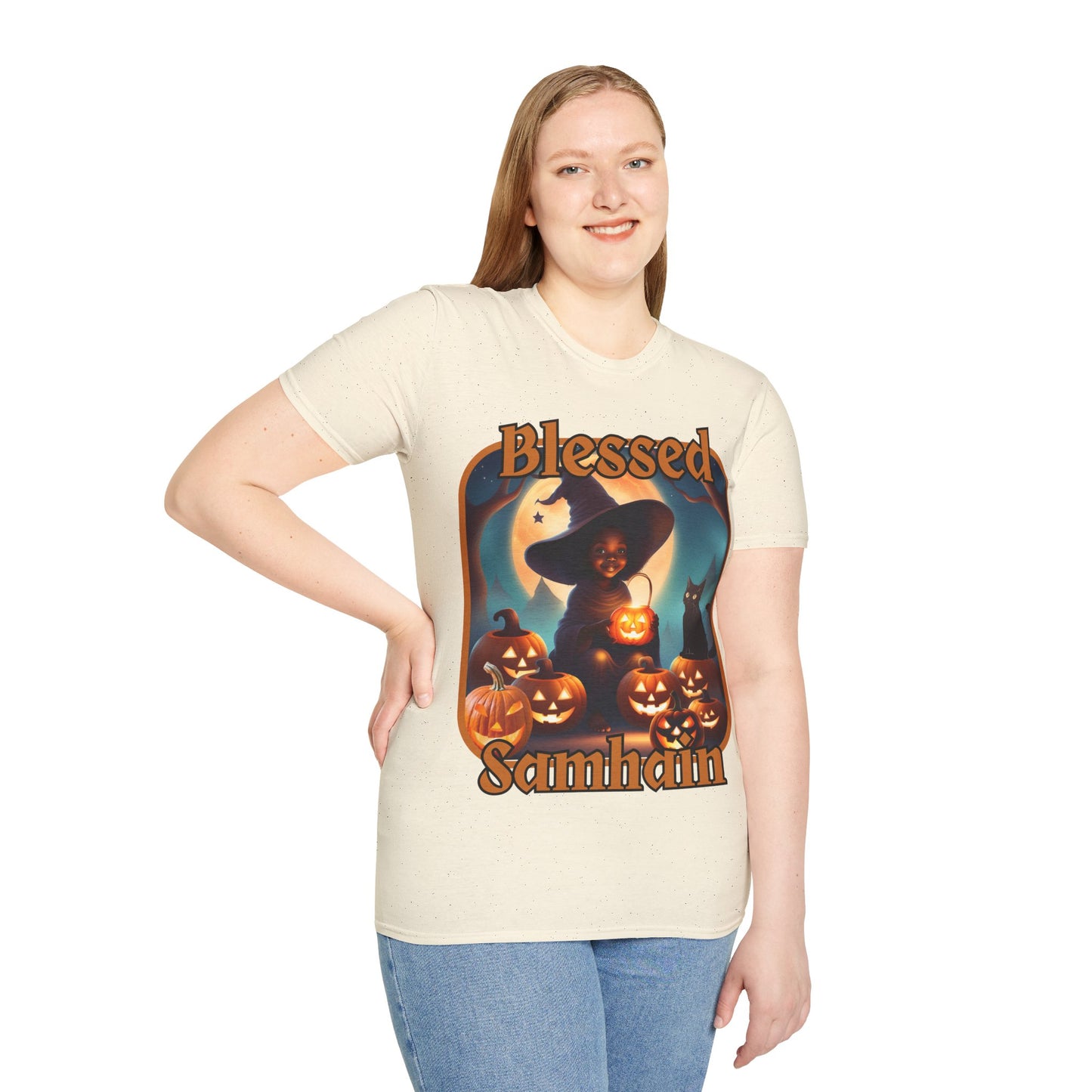 Blessed Samhain Cute Witch Orange font Light colors Unisex T-Shirt by CreepyCrafts.boo