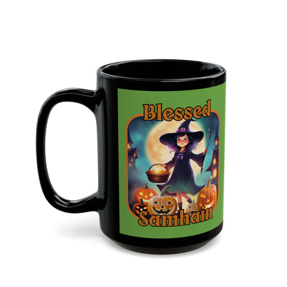 Blessed Samhain Little Witch Orange font Green Mug by CreepyCrafts.boo