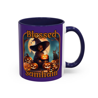 Blessed Samhain Cute Witch Orange font Purple Accent Mug by CreepyCrafts.boo