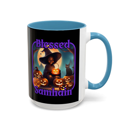 Blessed Samhain Cute Witch Purple font Black Accent Mug by CreepyCrafts.boo
