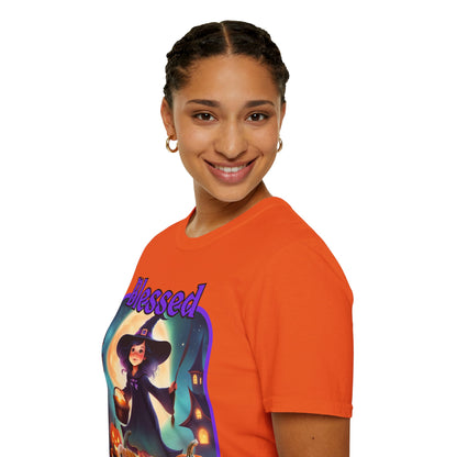 Blessed Samhain Little Witch Purple font Light colors Unisex T-Shirt by CreepyCrafts.boo