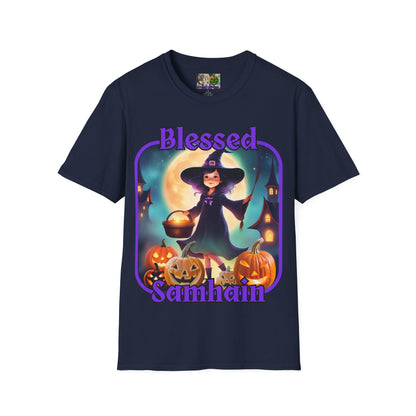 Blessed Samhain Little Witch Purple font Dark colors Unisex T-Shirt by CreepyCrafts.boo