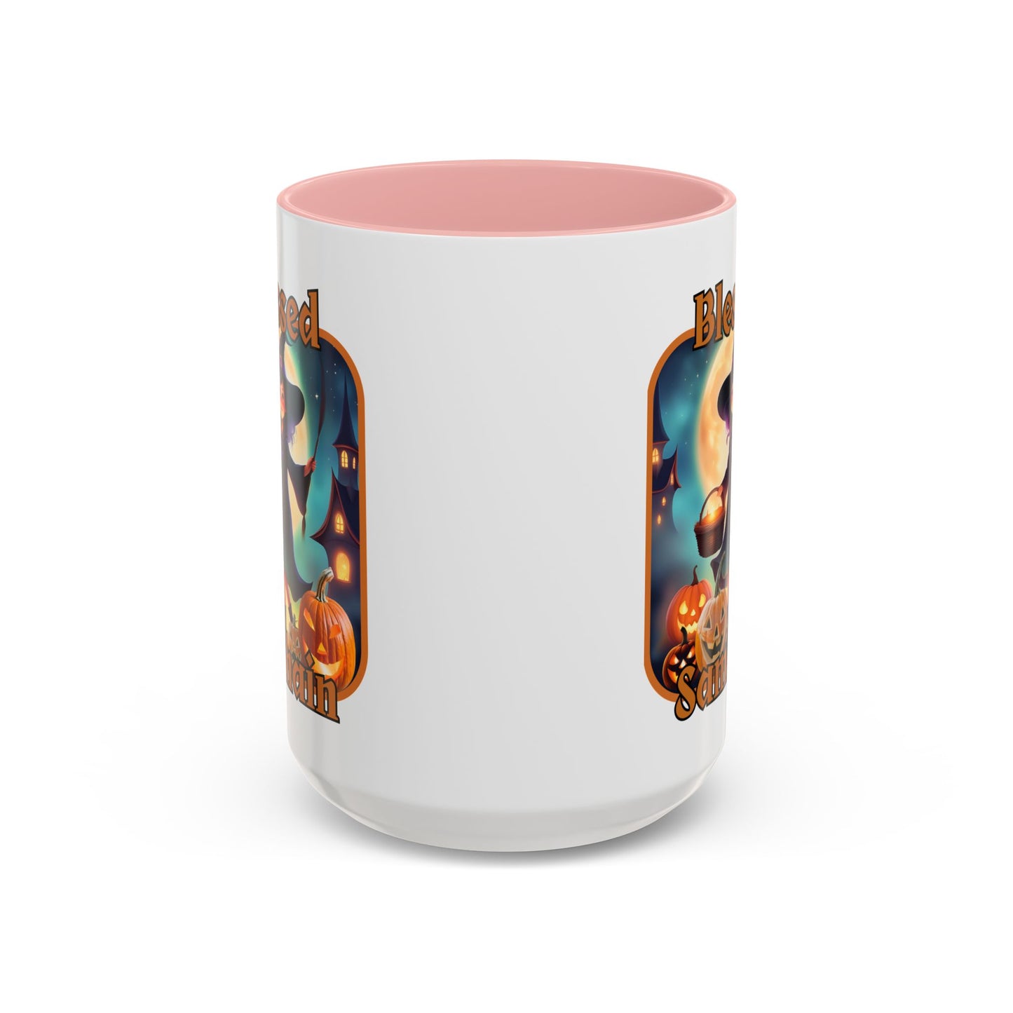 Blessed Samhain Little Witch Orange font White Accent Mug by CreepyCrafts.boo