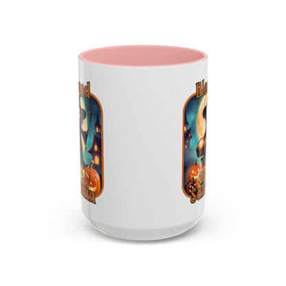Blessed Samhain Little Witch Orange font White Accent Mug by CreepyCrafts.boo