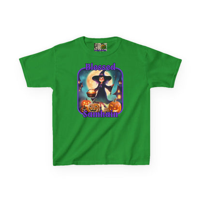 Blessed Samhain Little Witch Purple font Kids Heavy Cotton™ Tee by CreepyCrafts.boo
