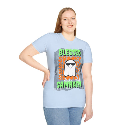 Spooky Blessed Samhain Ghost Green font Unisex T-Shirt by CreepyCrafts.boo