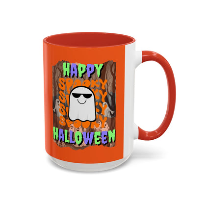 Spooky Happy Halloween Ghost Mixed font Orange Accent Mug by CreepyCrafts.boo