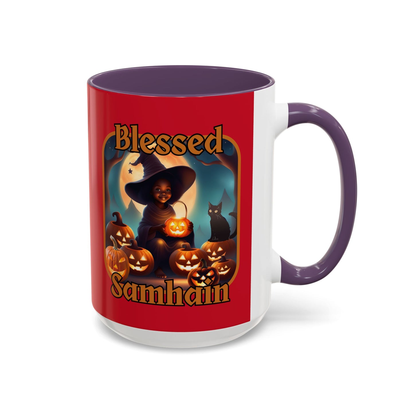 Blessed Samhain Cute Witch Orange font Red Accent Mug by CreepyCrafts.boo