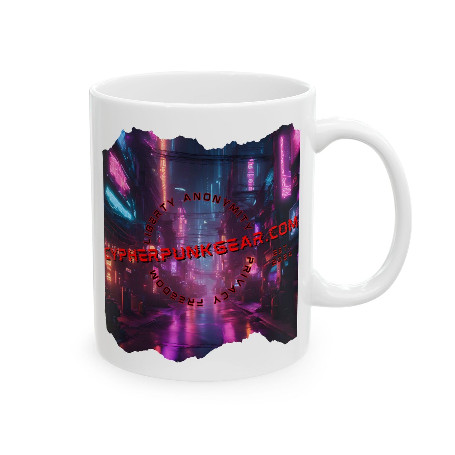 2-sided, cypherpunkgear.com Logo & Cityscape White Mug by cypherpunkgear.com