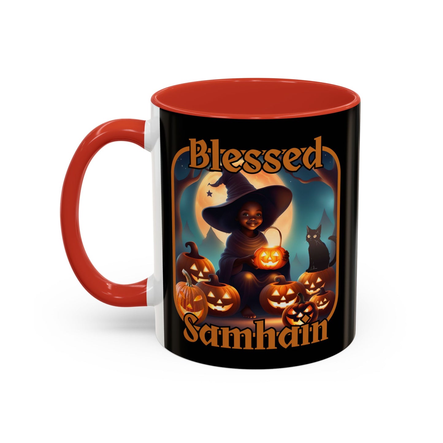Blessed Samhain Cute Witch Orange font Black Accent Mug by CreepyCrafts.boo