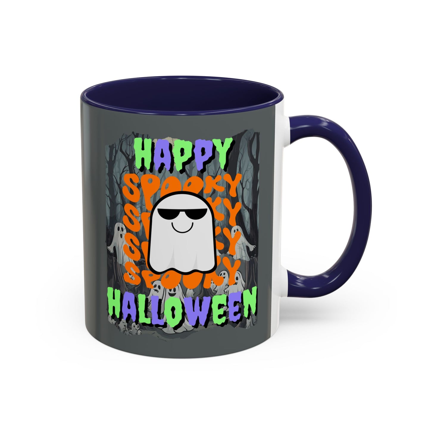 Spooky Happy Halloween Ghost Mixed font Grey Accent Mug by CreepyCrafts.boo