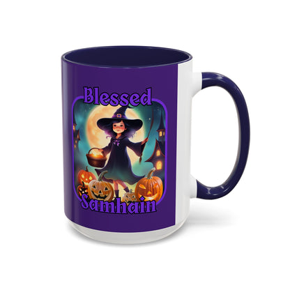 Blessed Samhain Little Witch Purple font Purple Accent Mug by CreepyCrafts.boo