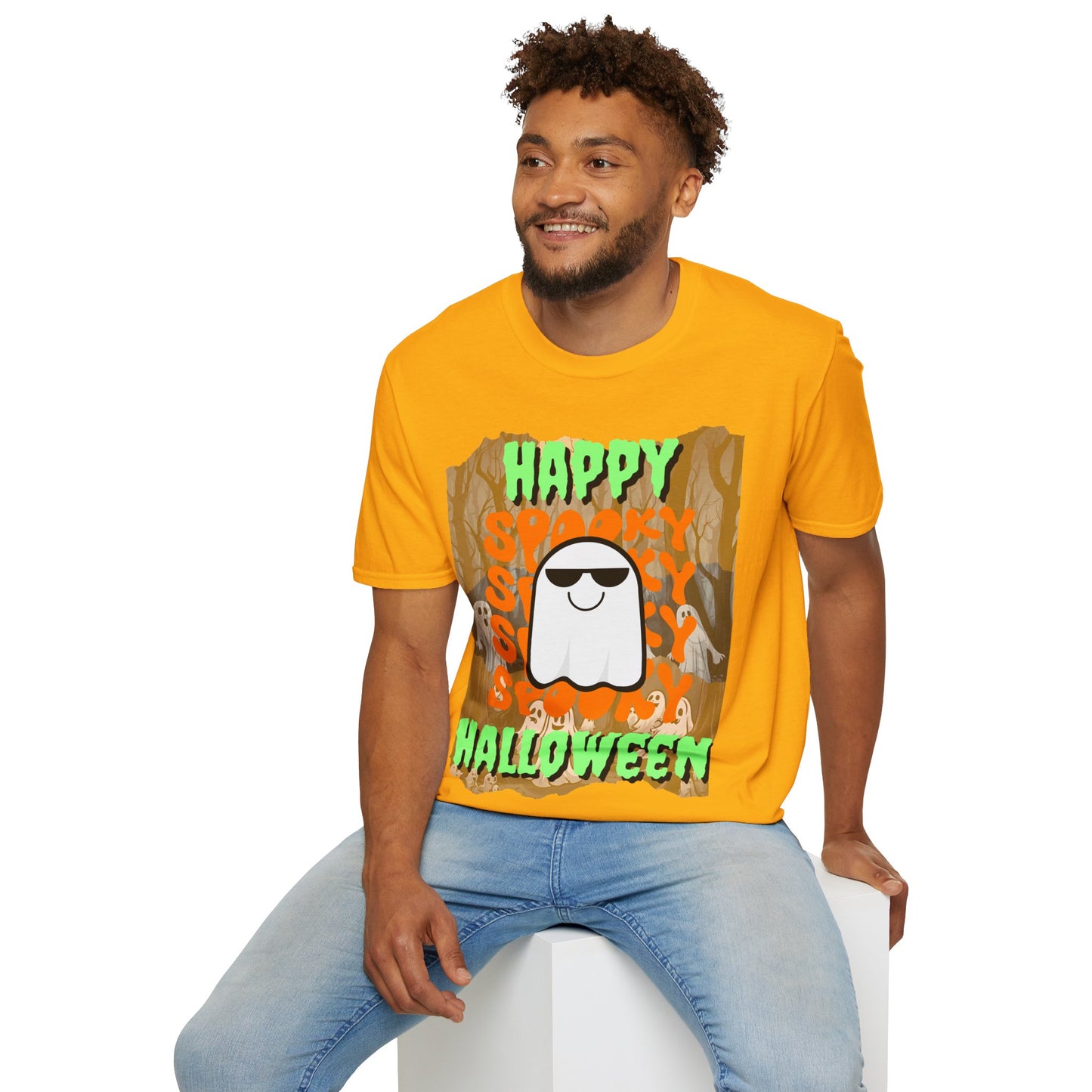Spooky Happy Halloween Ghost Light colors Green font Unisex T-Shirt by CreepyCrafts.boo