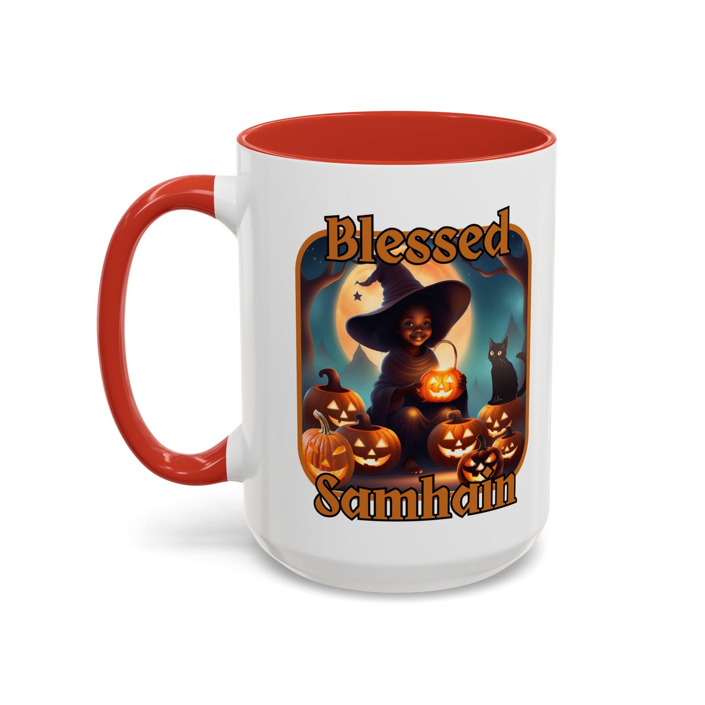 Blessed Samhain Cute Witch Orange font White Accent Mug by CreepyCrafts.boo