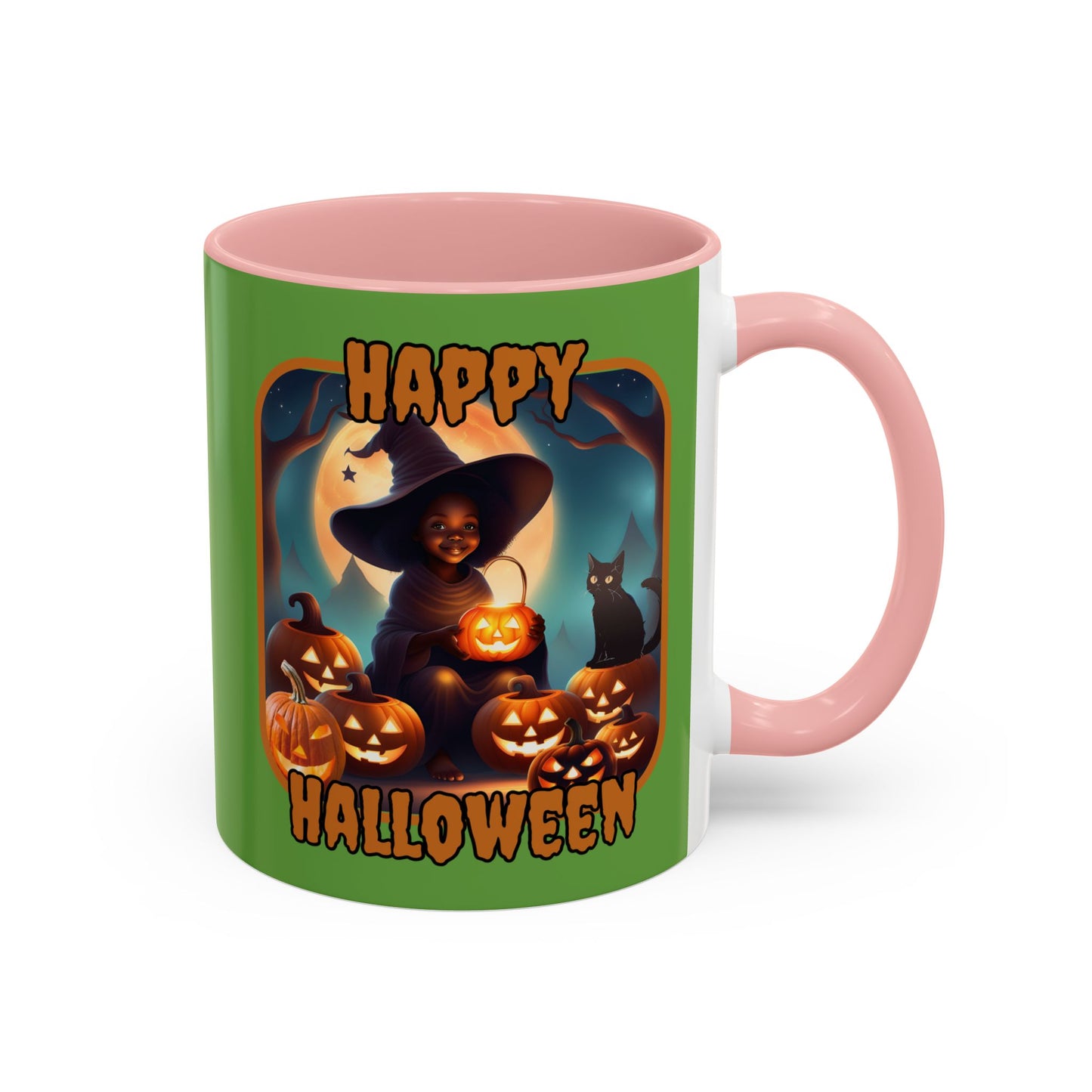 Happy Halloween Cute Witch Orange font Green Accent Mug by CreepyCrafts.boo