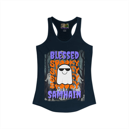 Spooky Blessed Samhain Ghost Purple font Women's Racerback Tank Top by CreepyCrafts.boo