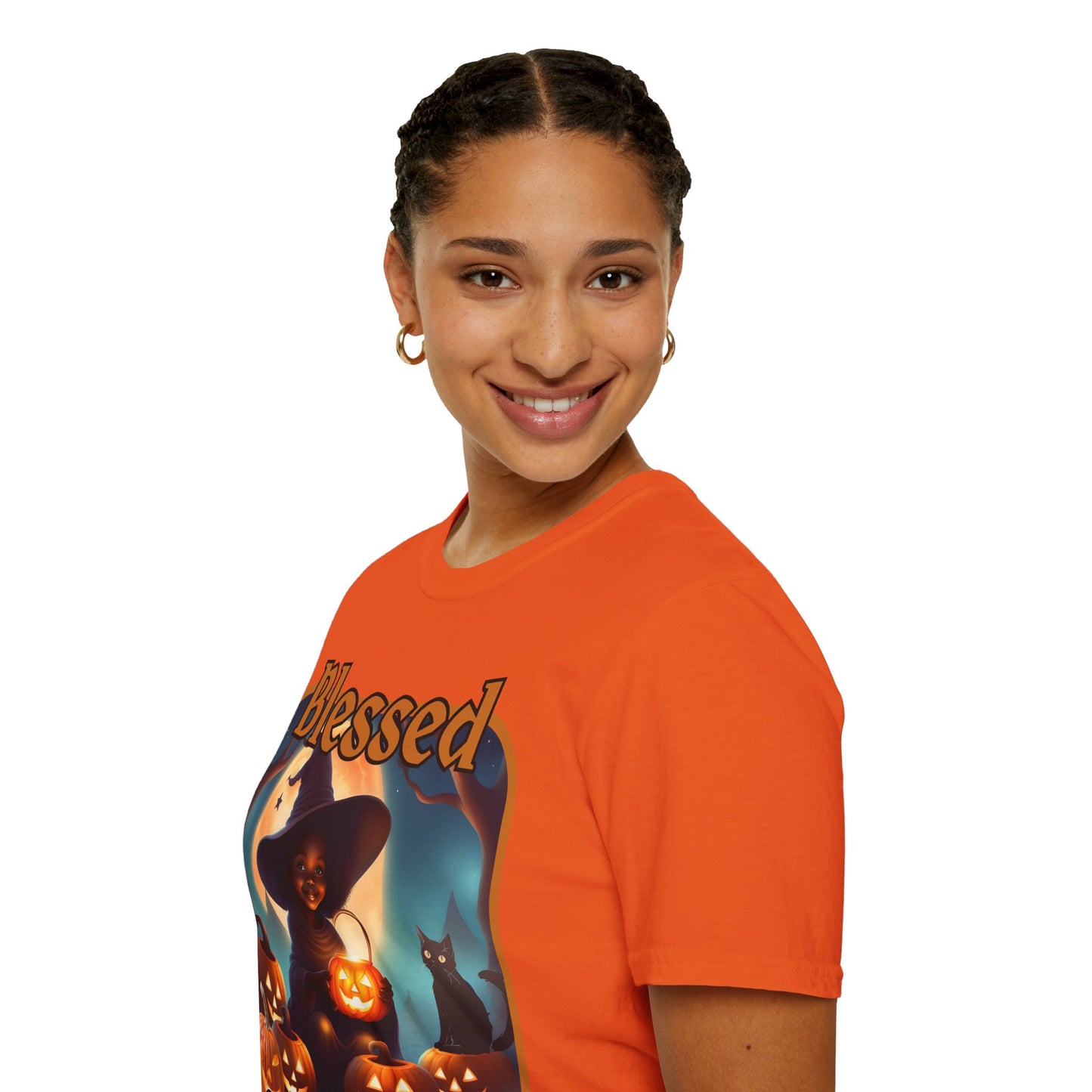 Blessed Samhain Cute Witch Orange font Light colors Unisex T-Shirt by CreepyCrafts.boo