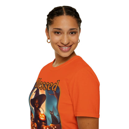Blessed Samhain Cute Witch Orange font Light colors Unisex T-Shirt by CreepyCrafts.boo