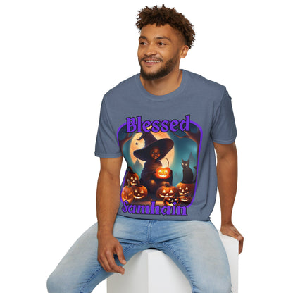 Blessed Samhain Cute Witch Purple font Dark colors Unisex T-Shirt by CreepyCrafts.boo