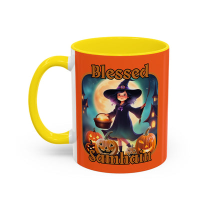 Blessed Samhain Little Witch Orange font Orange Accent Mug by CreepyCrafts.boo