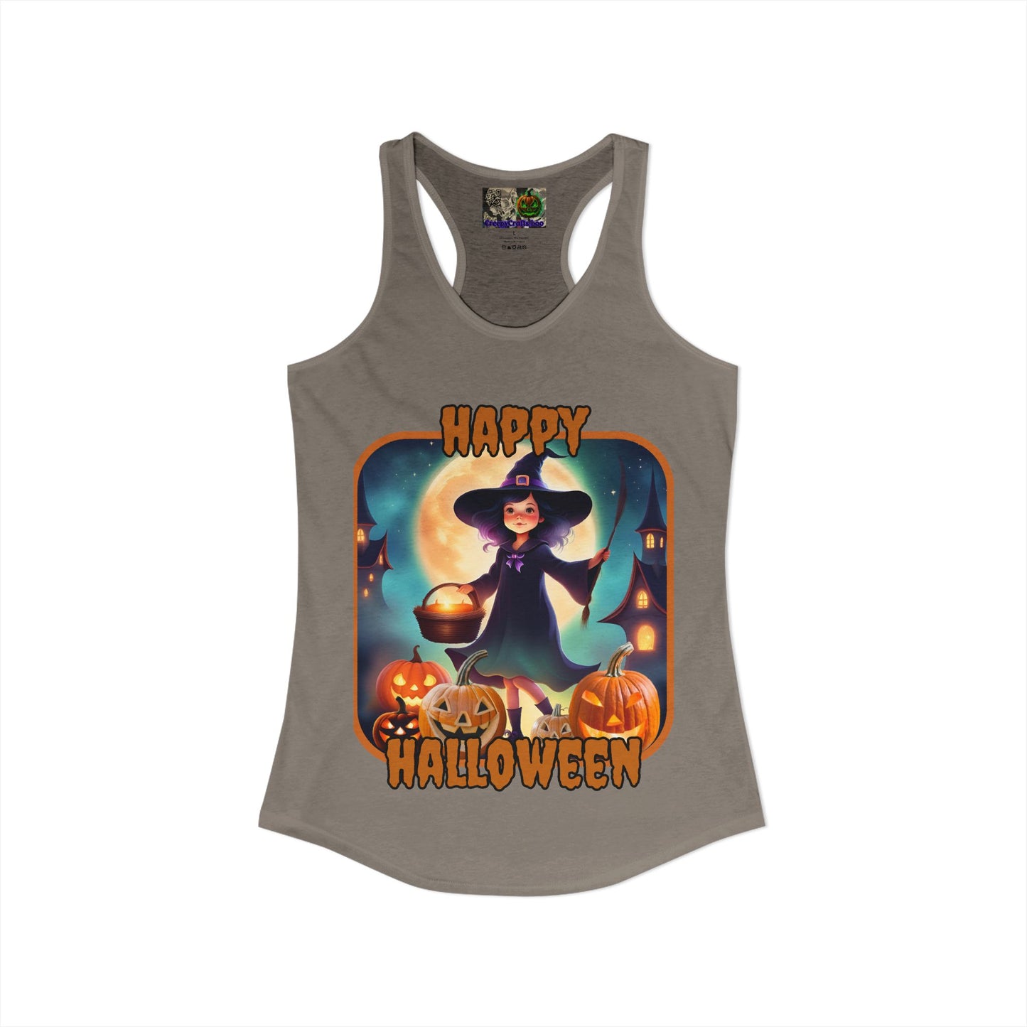 Happy Halloween Little Witch Orange font Women's Racerback Tank Top by CreepyCrafts.boo
