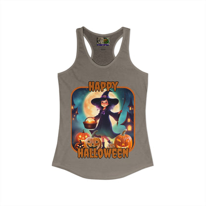 Happy Halloween Little Witch Orange font Women's Racerback Tank Top by CreepyCrafts.boo