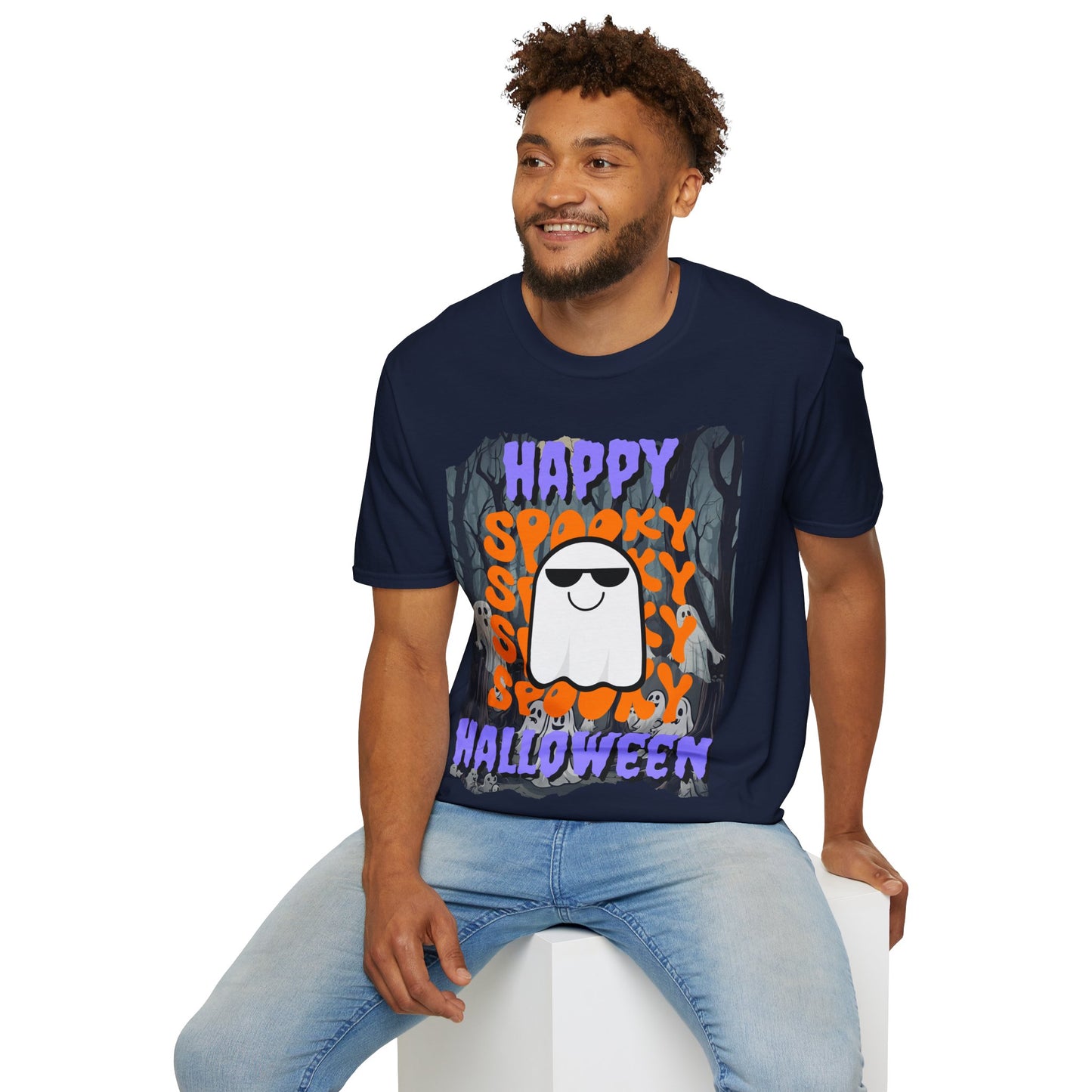 Spooky Happy Halloween Ghost Dark colors Purple font Unisex T-Shirt by CreepyCrafts.boo