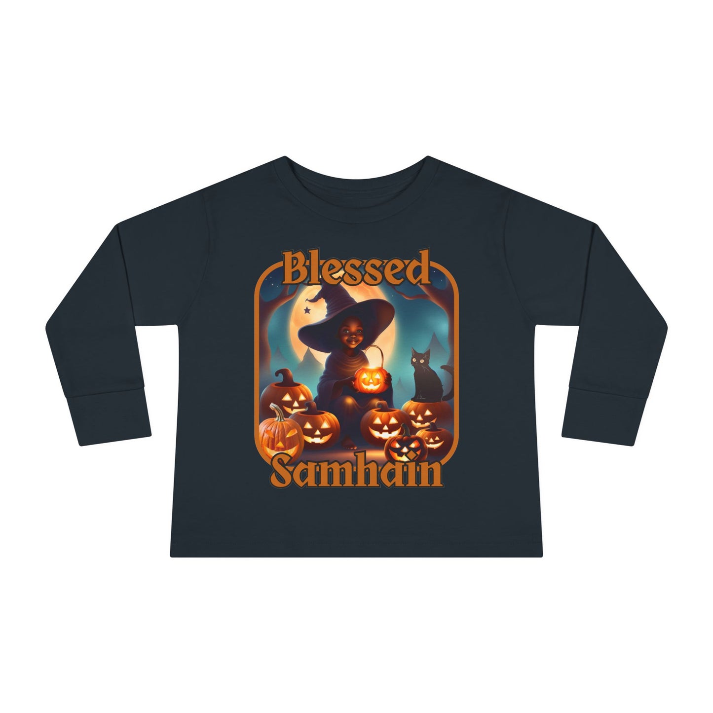 Blessed Samhain Cute Witch Orange font Toddler Long Sleeve Tee by CreepyCrafts.boo