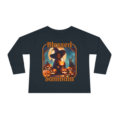 Blessed Samhain Cute Witch Orange font Toddler Long Sleeve Tee by CreepyCrafts.boo