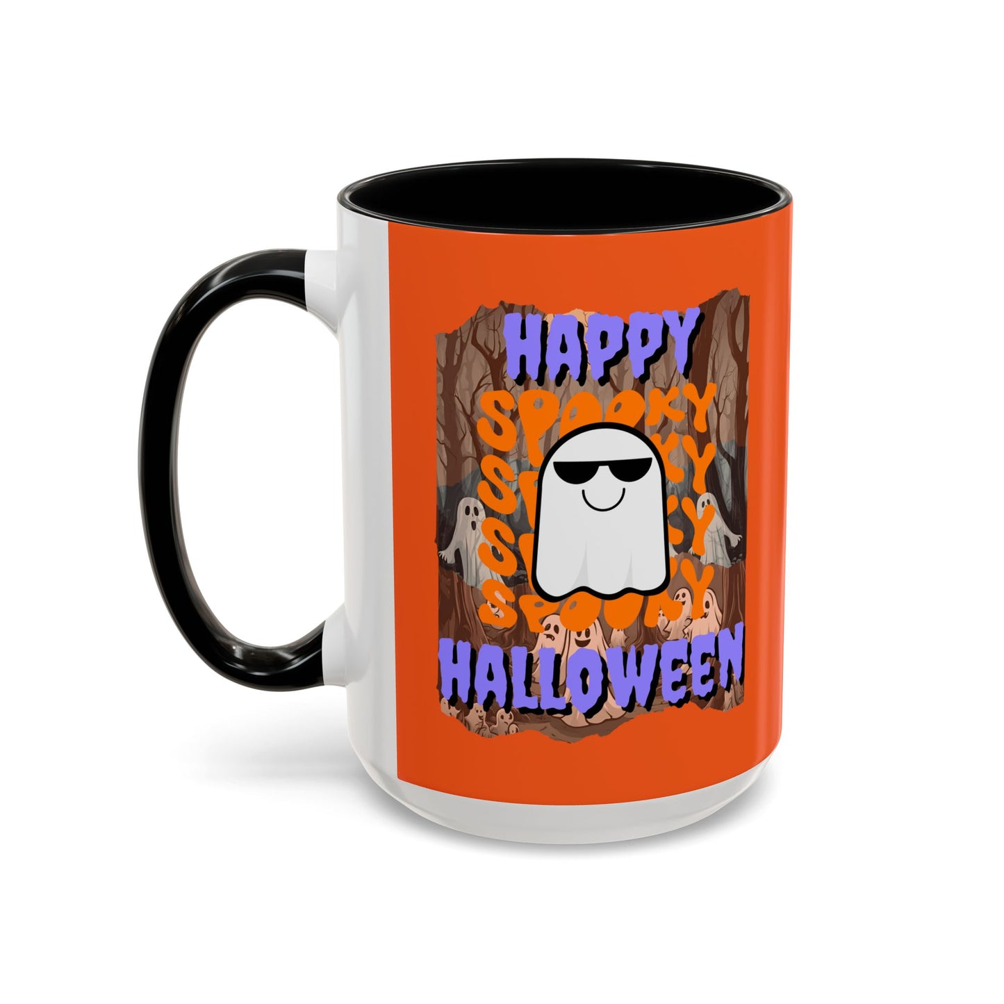 Spooky Happy Halloween Ghost Purple font Orange Accent Mug by CreepyCrafts.boo