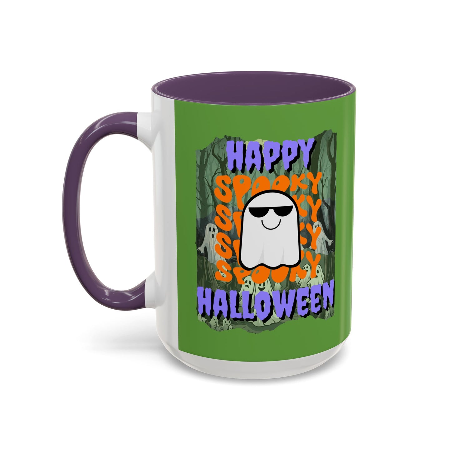 Spooky Happy Halloween Ghost Purple font Green Accent Mug by CreepyCrafts.boo