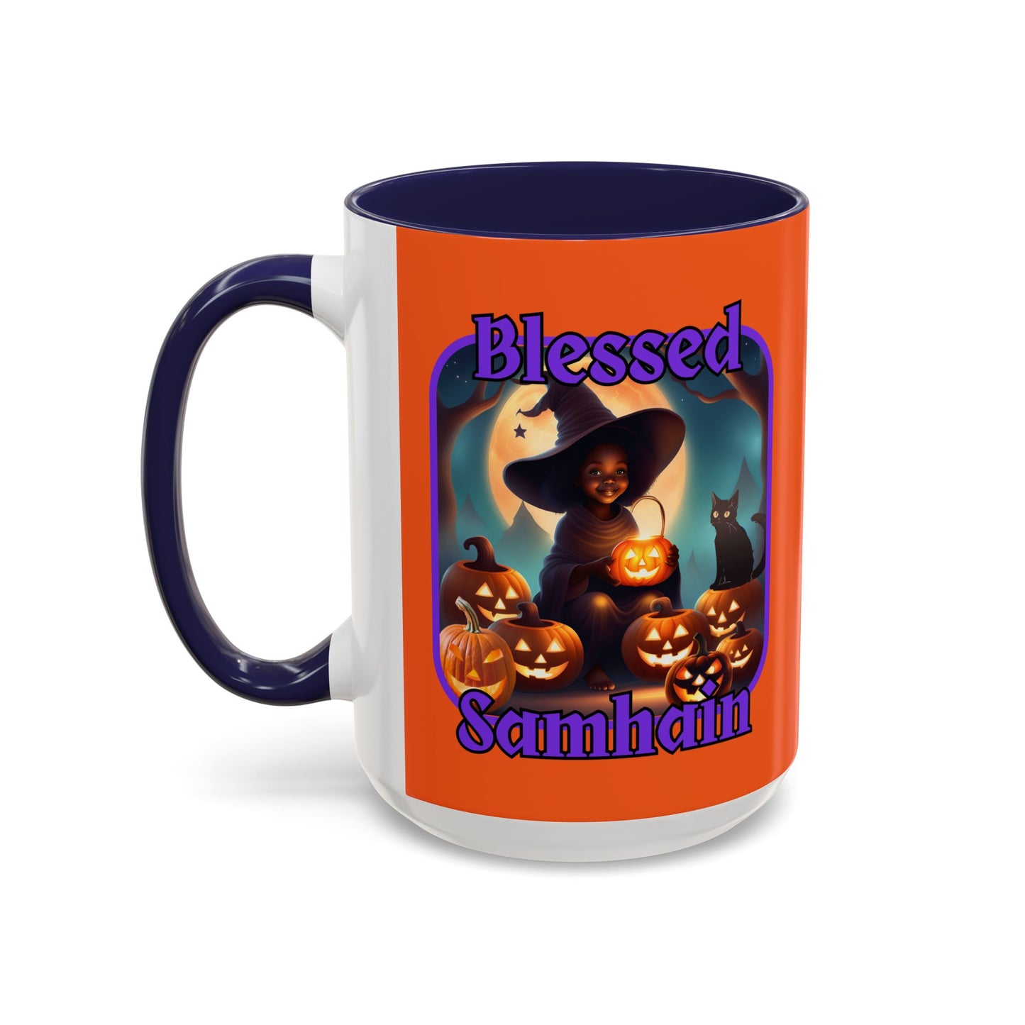 Blessed Samhain Cute Witch Purple font Orange Accent Mug by CreepyCrafts.boo