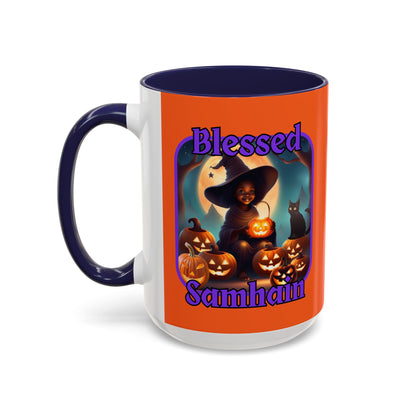 Blessed Samhain Cute Witch Purple font Orange Accent Mug by CreepyCrafts.boo